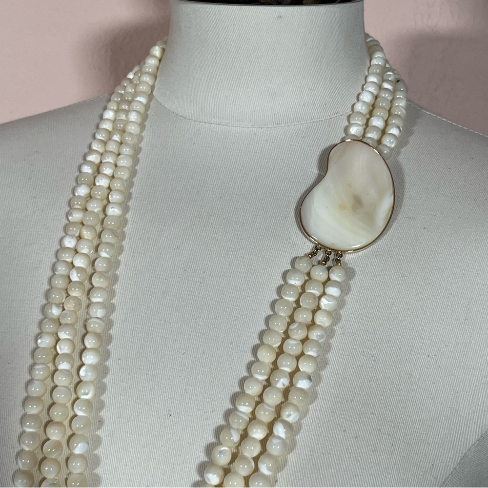 Vintage antique 1940’s -60 Mod MCM three strand MOP Long art Deco Necklace